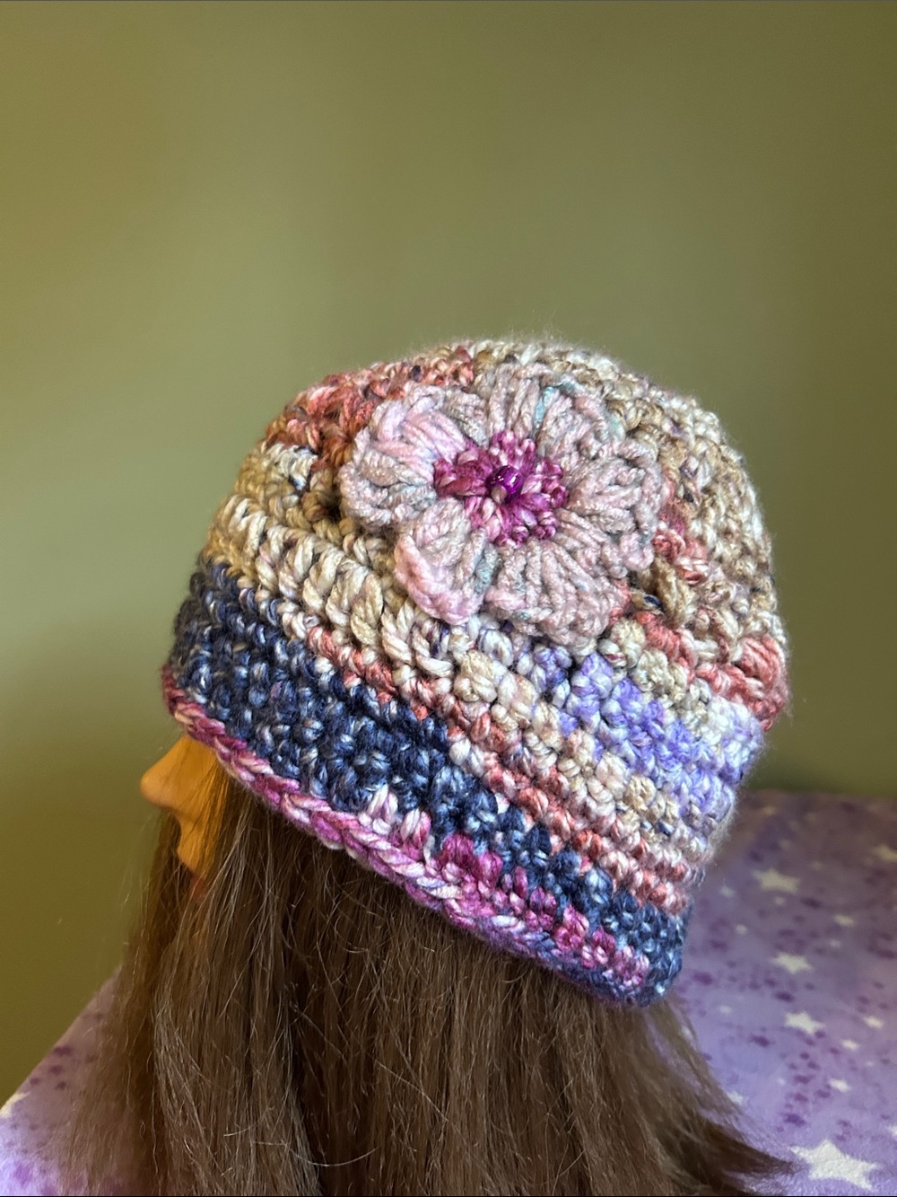 Multicolor Crochet Flower medium Beanie - Soft acrylic Striped Knit Hat